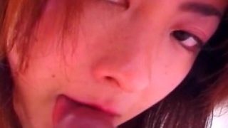 Cute Japanese teen drains her lover’s big hairy balls uncensored