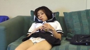 Azusa Miyanaga in school uniform sucks banana and hard penis